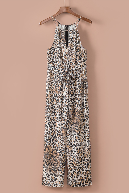Womens Keyhole Front Leopard Sleeveless Cropped Jumpsuit SIZE S-XL