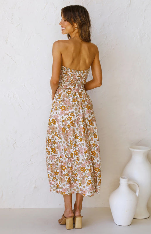 Womens Floral Bandeau Boho Maxi Dress SIZE S-XL