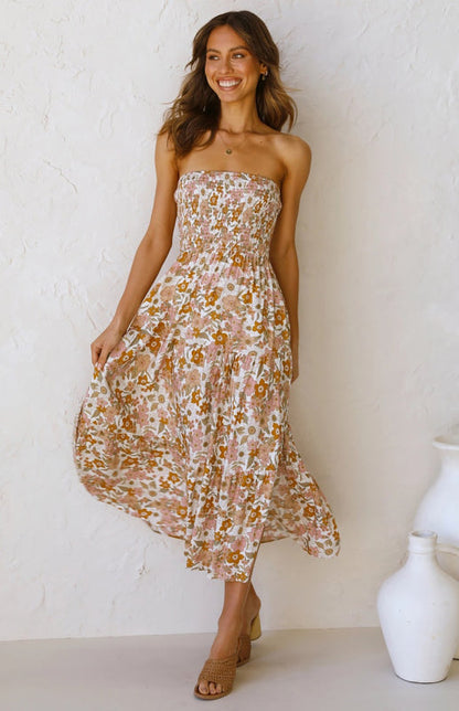 Womens Floral Bandeau Boho Maxi Dress SIZE S-XL