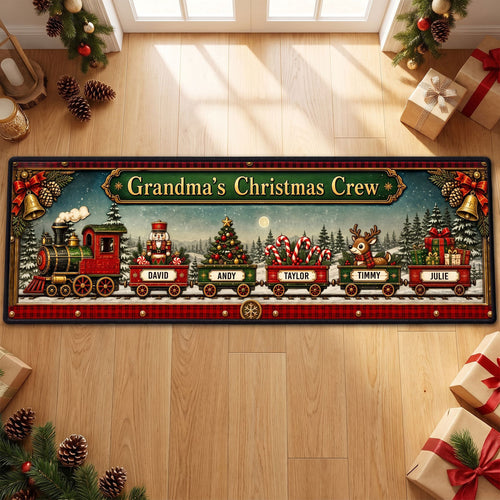 Custom Family Name Christmas Rug, Holiday Gift For Grandma Grandpa • Christmas Train Family - Personalized Runner Rug