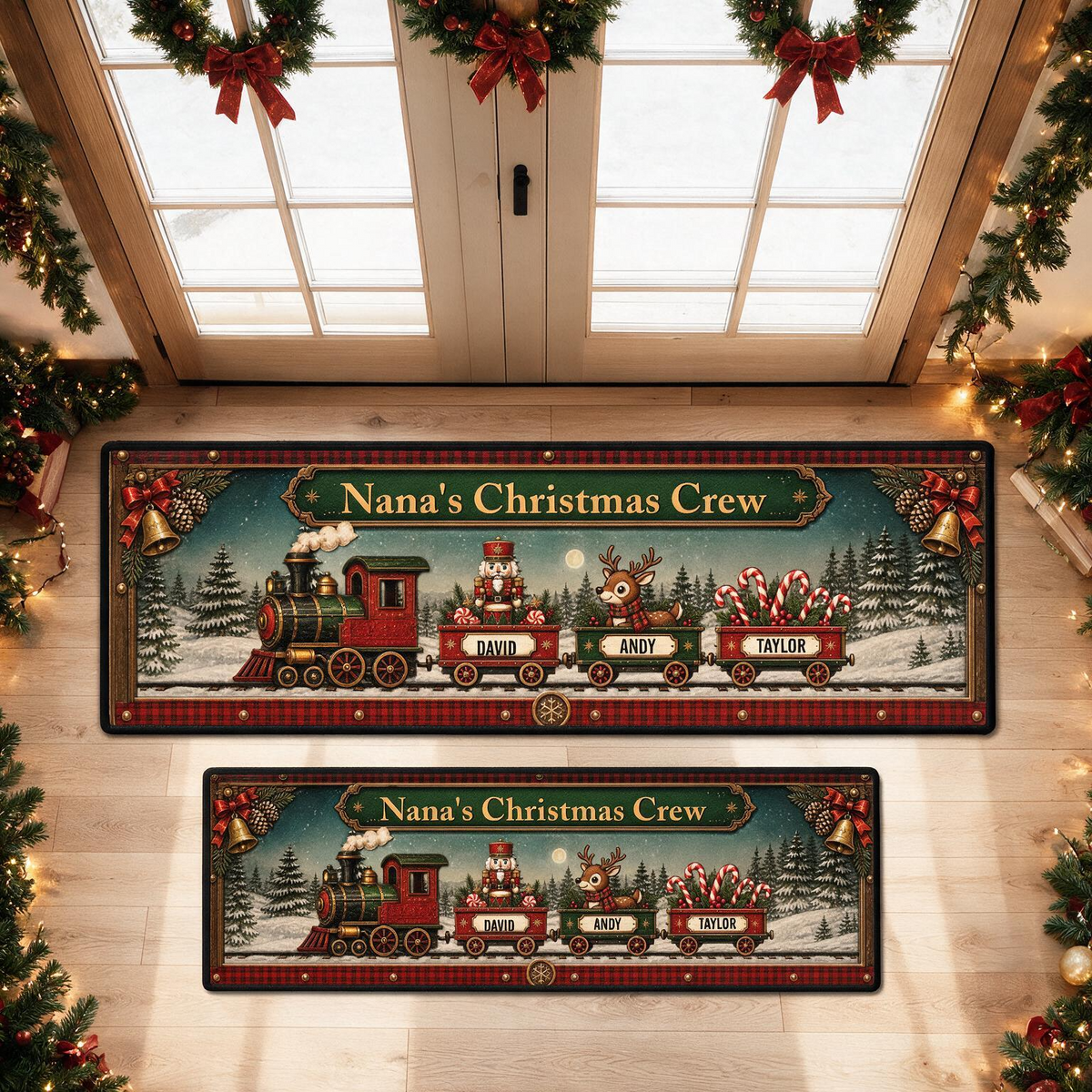 Custom Family Name Christmas Rug, Holiday Gift For Grandma Grandpa • Christmas Train Family - Personalized Runner Rug