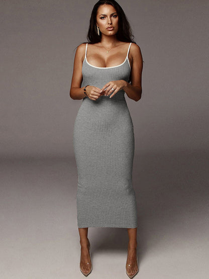 Womens Contrasting Color Sexy Open Back Slim Dress SIZE S-L