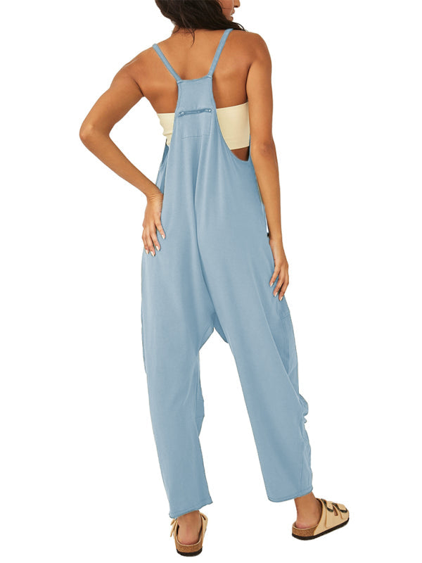 Womens V Neck Suspender Pocket Jumpsuit SIZE S-4XL