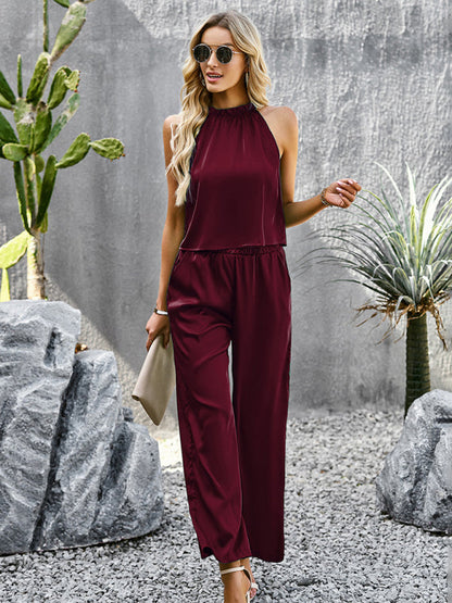 Womens Temperament Commuter Glossy Fabric Two piece Set SIZE S-XL