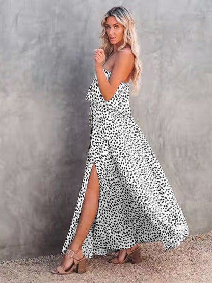 Womens Dot Print Strapless High Slit Maxi Dress SIZE S-XL