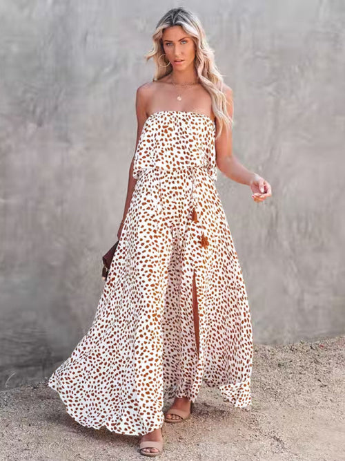 Womens Dot Print Strapless High Slit Maxi Dress SIZE S-XL