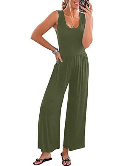 Womens Solid Color Loose Sleeveless Jumpsuit SIZE S-3XL