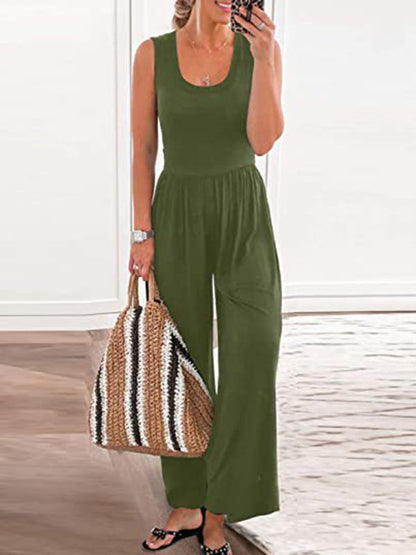 Womens Solid Color Loose Sleeveless Jumpsuit SIZE S-3XL