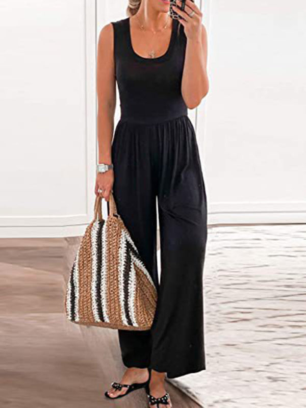 Womens Solid Color Loose Sleeveless Jumpsuit SIZE S-3XL