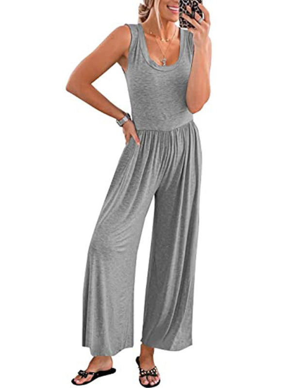 Womens Solid Color Loose Sleeveless Jumpsuit SIZE S-3XL