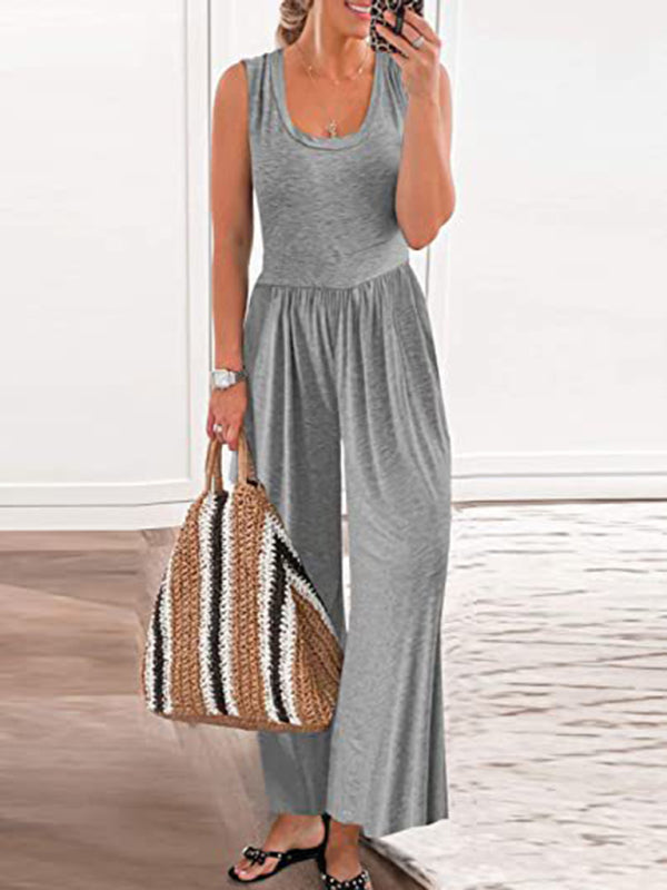 Womens Solid Color Loose Sleeveless Jumpsuit SIZE S-3XL