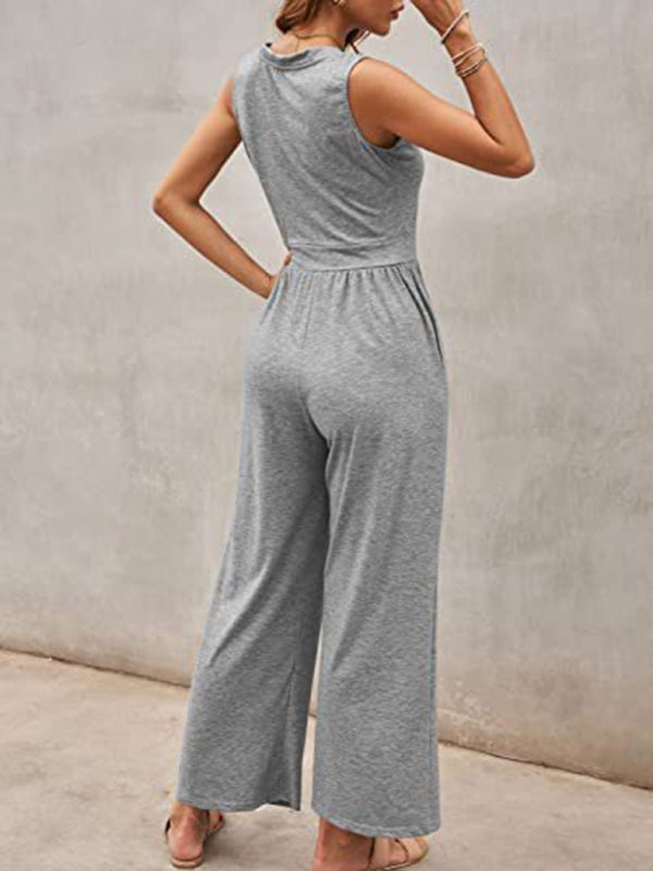 Womens Solid Color Loose Sleeveless Jumpsuit SIZE S-3XL