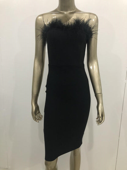 Womens Strapless Backless Feather Bodycon Dress SIZE XS-L