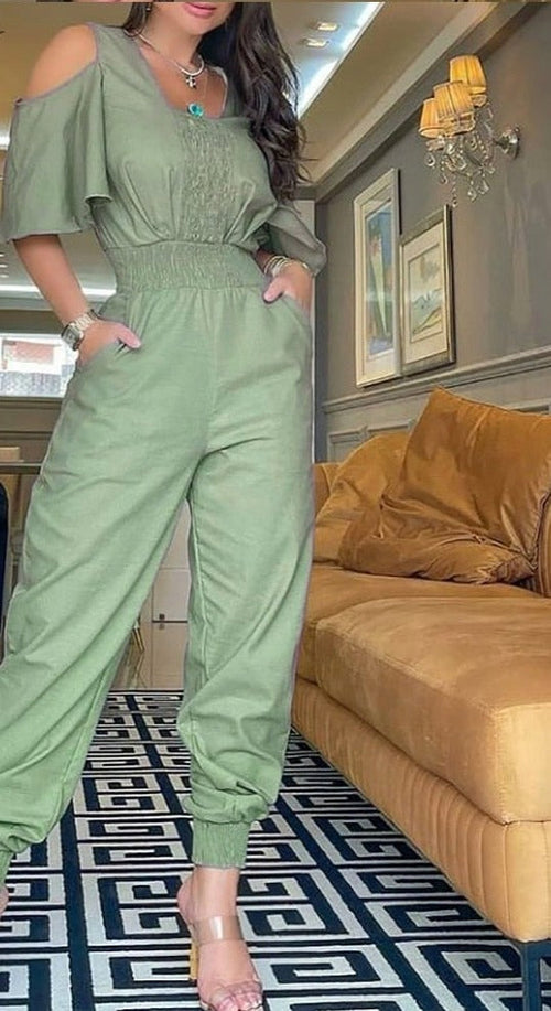 Women's Casual Off The Shoulder Ruched High Waist Jumpsuit SIZE S-XL